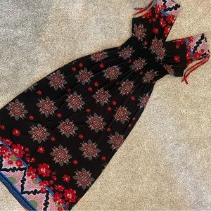 Black Floral Pattern V Neck Maxi Summer Dress Adjustable Straps Women Small